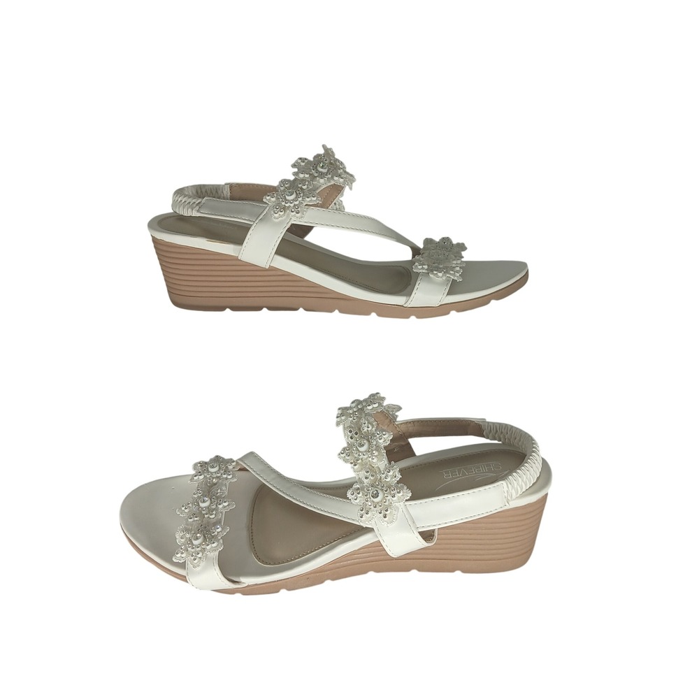 Shibever Floral Pearl Wedge Sandals 41 White Bridal Cottagecore Summer Shoes